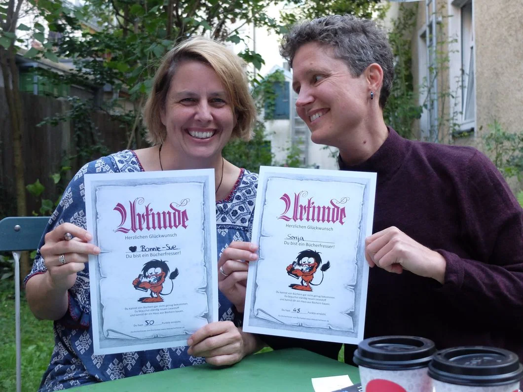 We were very proud of our honorary certificates awarded to us by the "Bucherfresser" (Book Eaters) teen reading group at Buchpalast. (Photo courtesy of Buchpalast) 