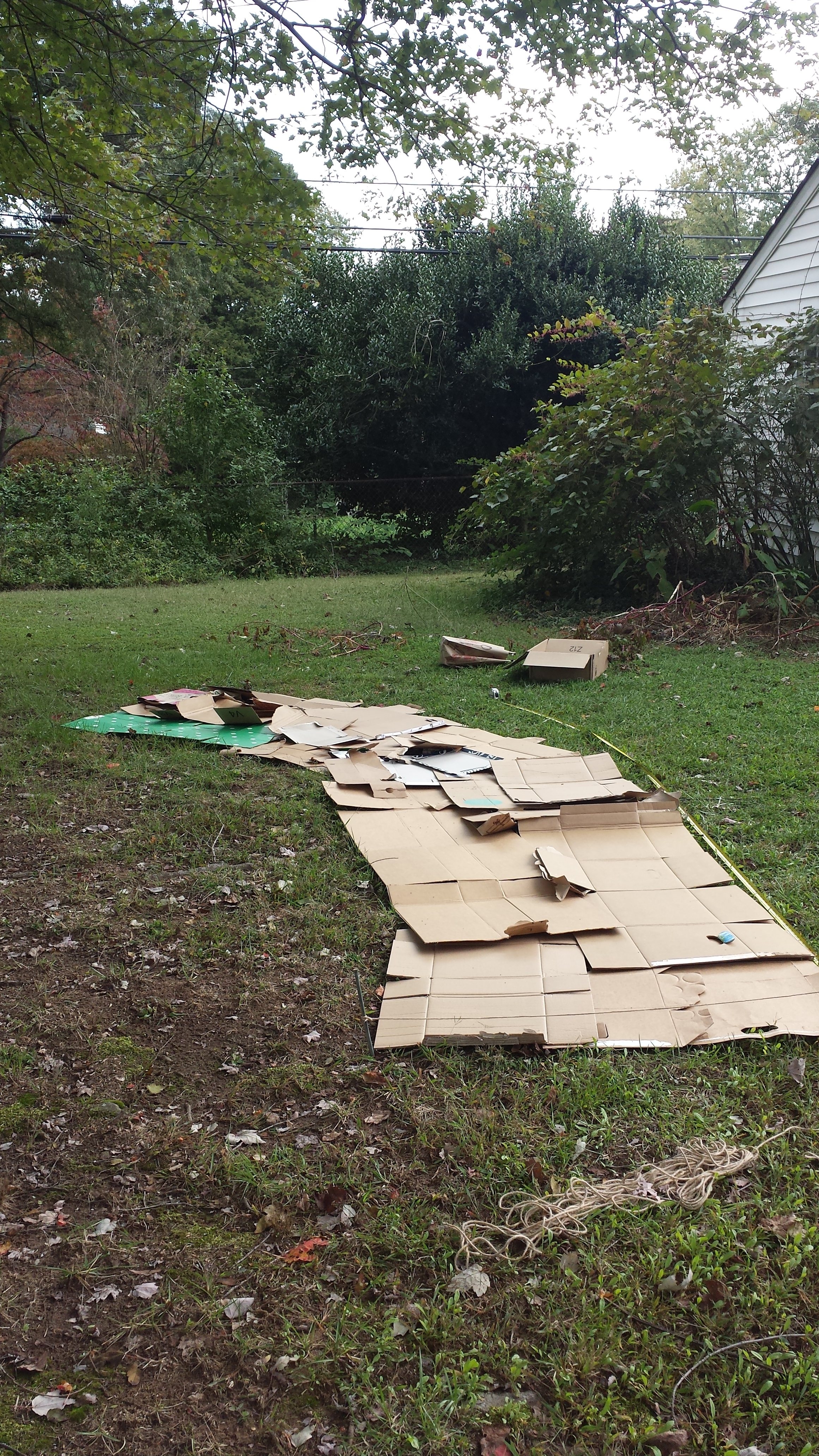 Fall 2015- Laying the foundation for our sheet mulched beds with cardboard.