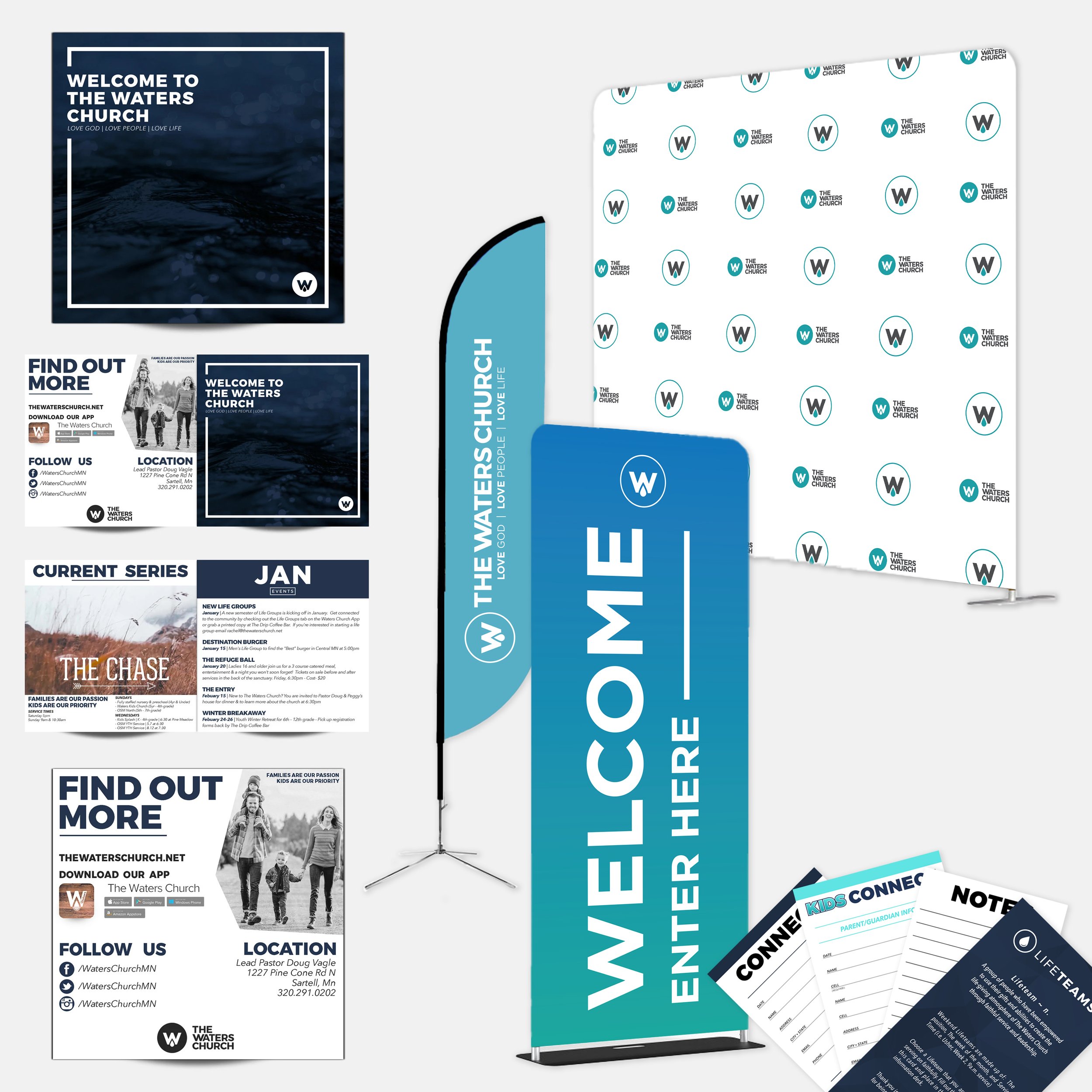 Various promotional materials for The Waters Church, including banners, flyers, a tabletop display, and informational sheets for events and contact information.