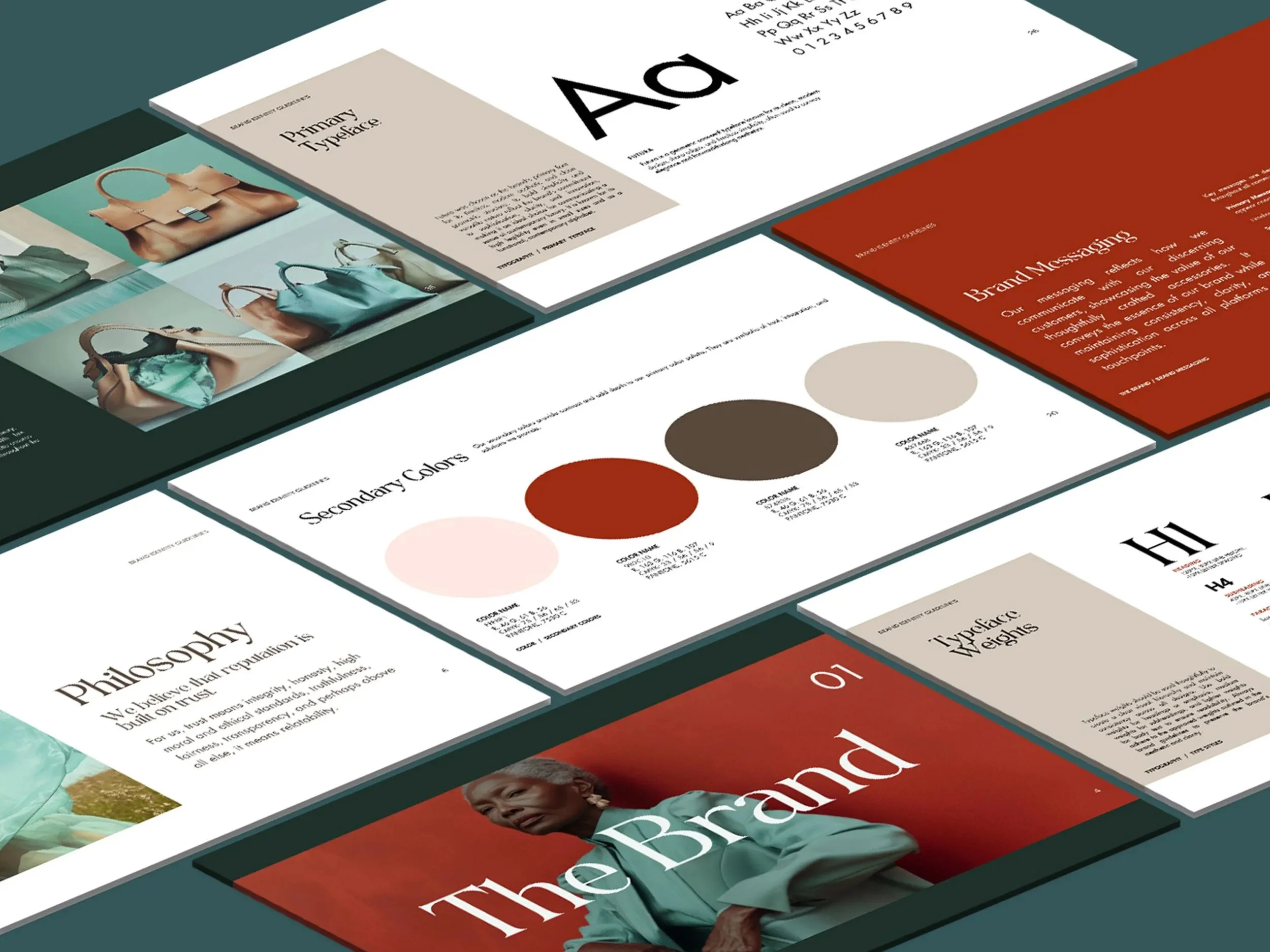 Multiple presentation slides on a table, including images of handbags, color palettes, and text about brand messaging, philosophy, and typography.