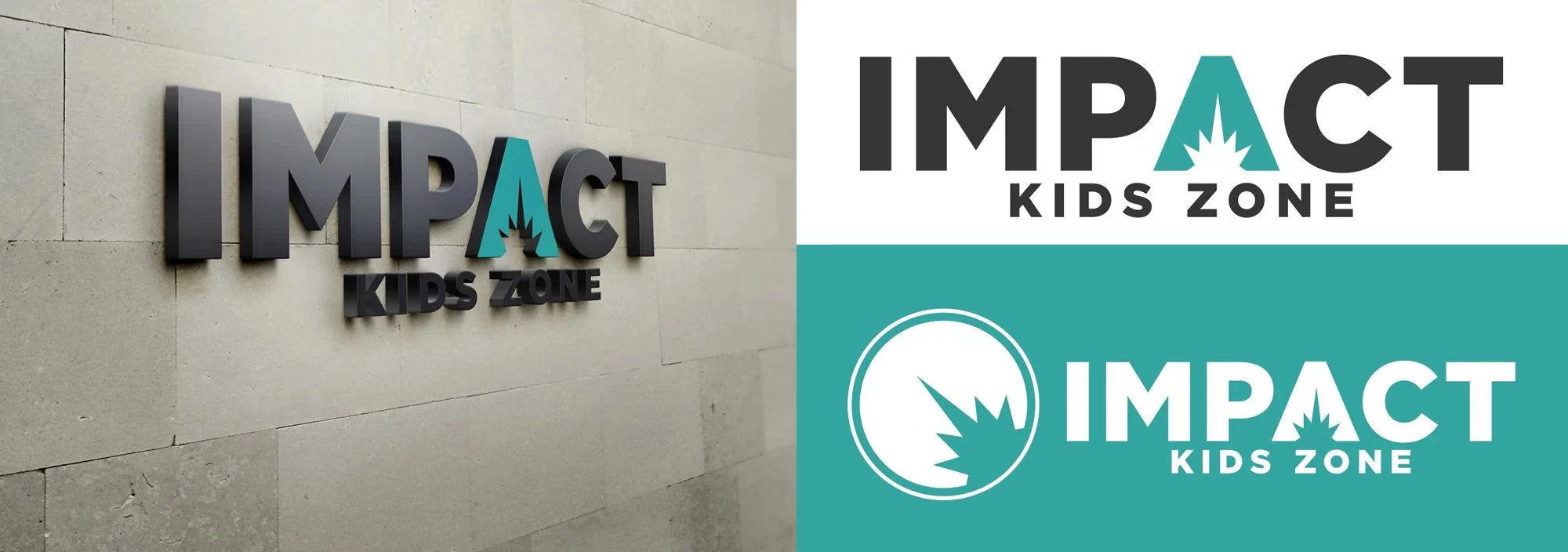 Branding package featuring 3 different logo styles for IMPACT Kids Zone, featuring bold text and graphic elements related to energy or impact.