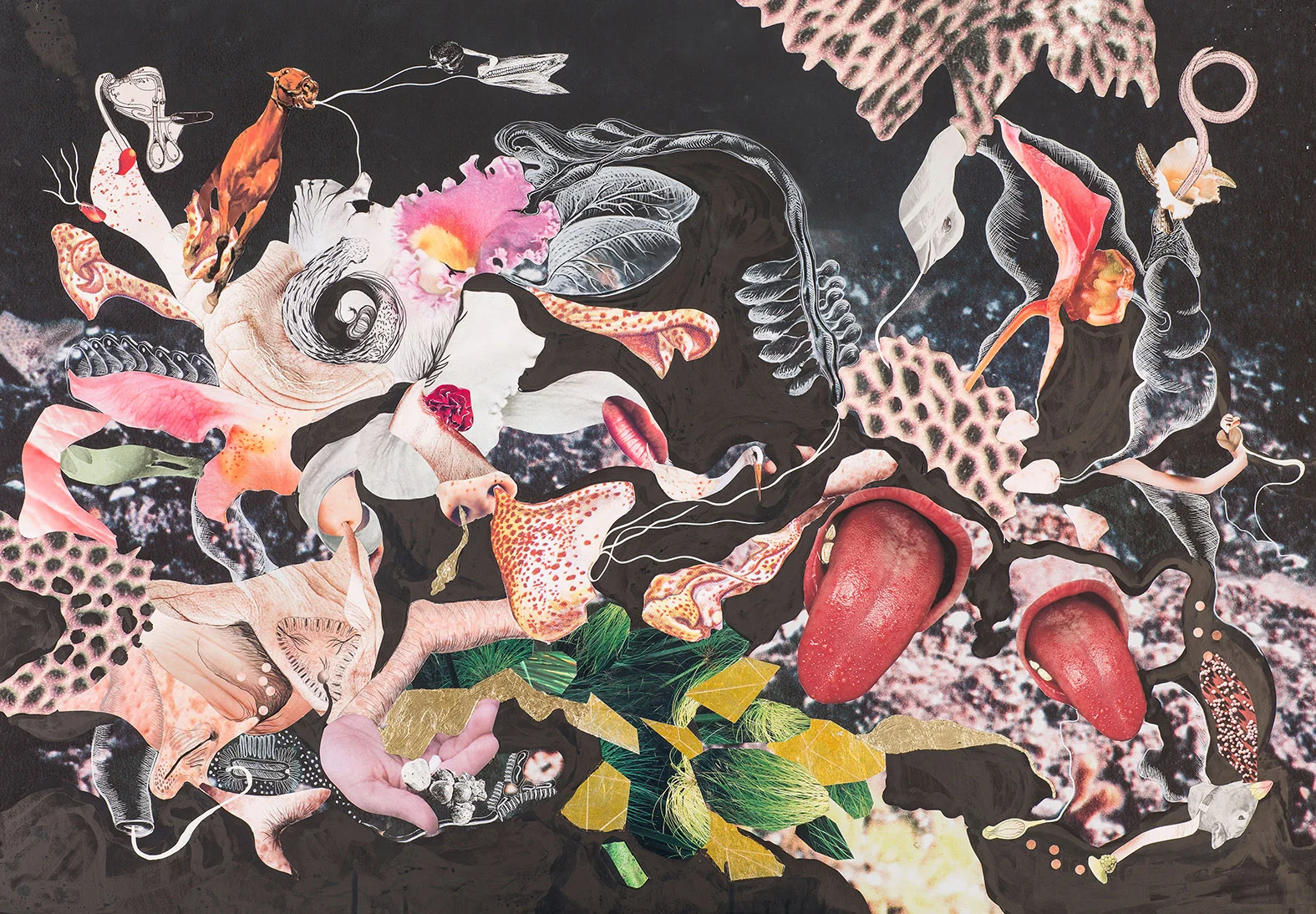 Naturaleza Cosmética Collage, grafito, hojilla y tinta sobre impresión giclée 90 x 70 cm