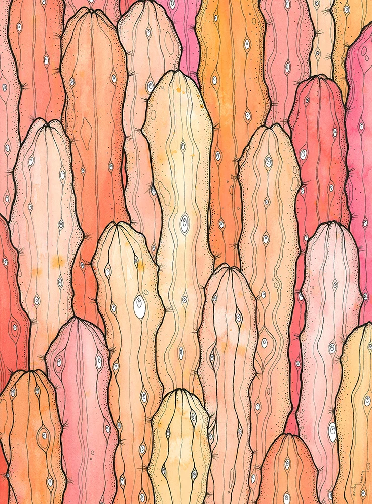 Cacti 2016 Gouache and pen on arches hot press paper, exhibited in debut solo exhibition As One , Off the Kerb Gallery, Collingwood
