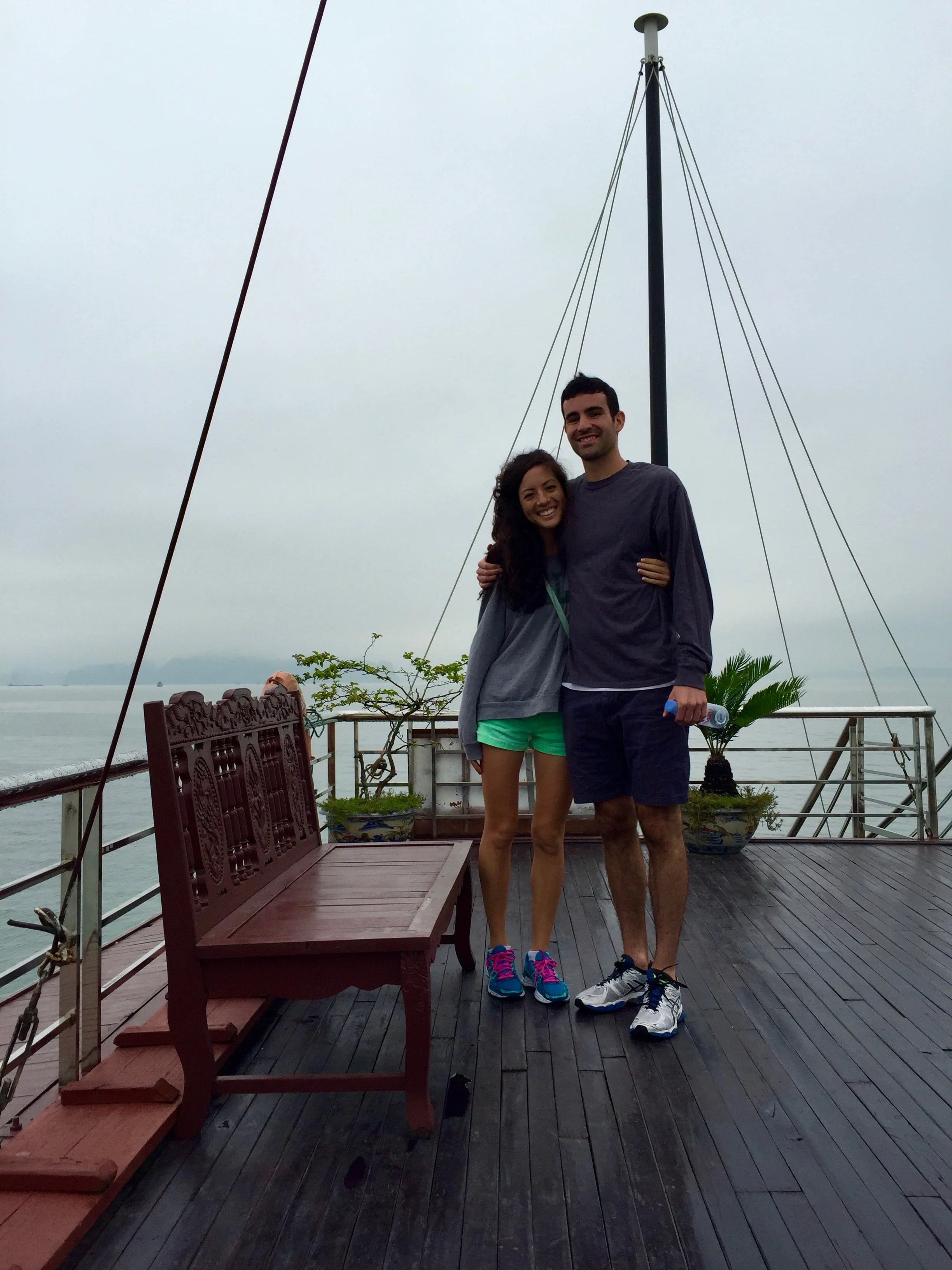  It was a foggy, humid morning when we got to Halong Bay. This is on the boat to the caves.&nbsp; 
