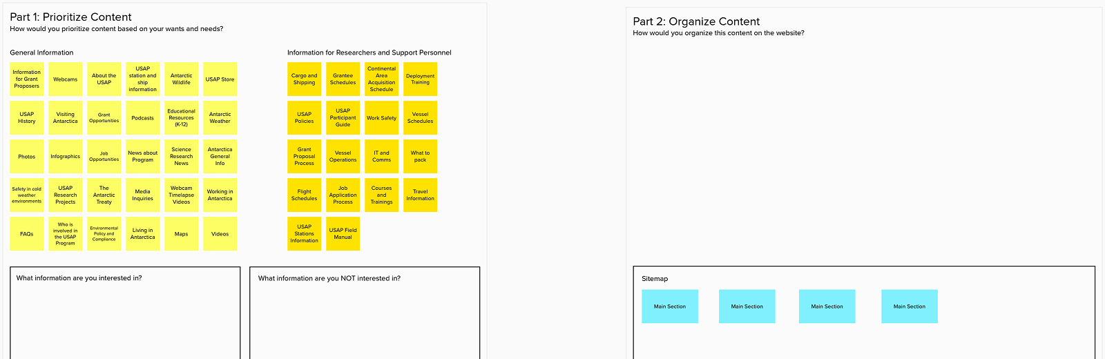 Card sorting template in Mural that was used to inform the final IA and sitemap.