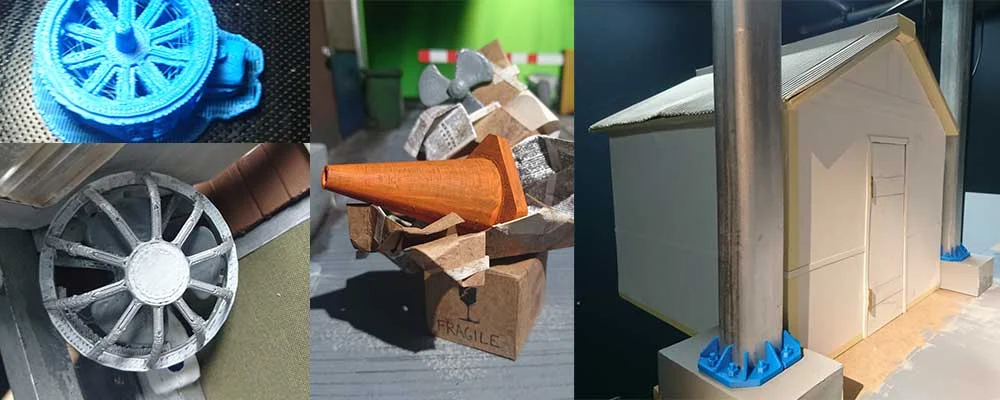 1. 3D printed fan 2. 3D printed traffic cone 3. 3D printed pole guards (don't know what they're called)