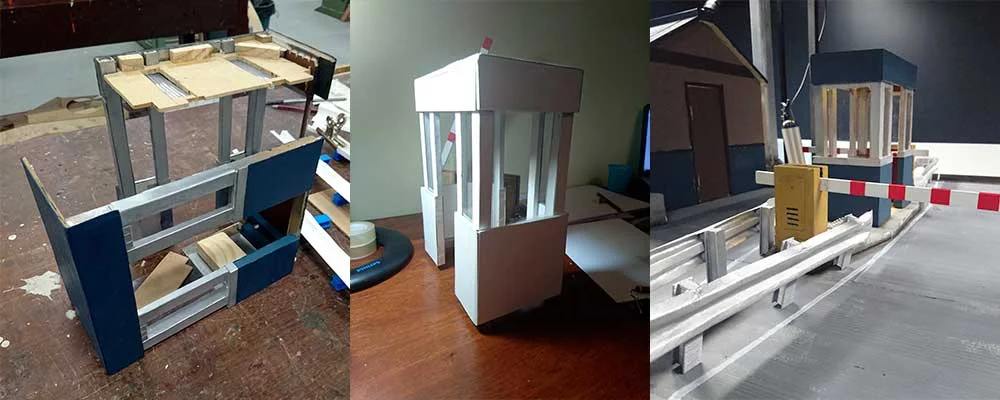 1. booth separated into two pieces 2. unpainted booth 3. final booth