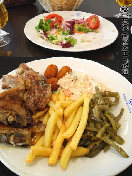 spain Archena Murcia Spa Resort Balneario de Archena mineral medicinal spring town inside cafeteria, lamb chops, croquettes, beans, chips, coleslaw, side salad