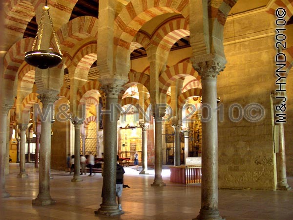 cordoba: Spain, Mezquita Cordoba, Andalucia, cathedrale-great mosque, hypostyle prayer hall, columns, jasper, onyx, marble, granite, Moorish architecture, double arches, lower horseshoe arch