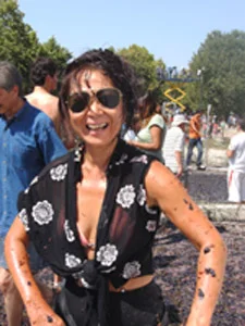 Jacq with grape splatter: spain La Pobla del Duc, Fiesta La Raima, Battle of the Grapes, caught and splattered, ground mushy with squashed grapes