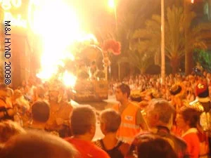 pyrotechnics: spain Santa Pola Palmeral Park Moors Christians fiesta, festival procession, dazzling colour, pyrotechnics, religious floats, spectators galore