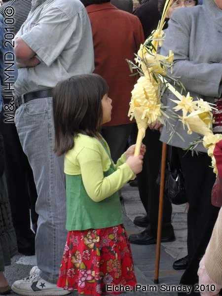 spain elche, Semana Santa Holy Week, Domingo de Ramos, Palm Sunday Procession Fiesta of International Tourist Interest, Brotherhood flag-bearers long capes, white-palms, somber march, Palm park