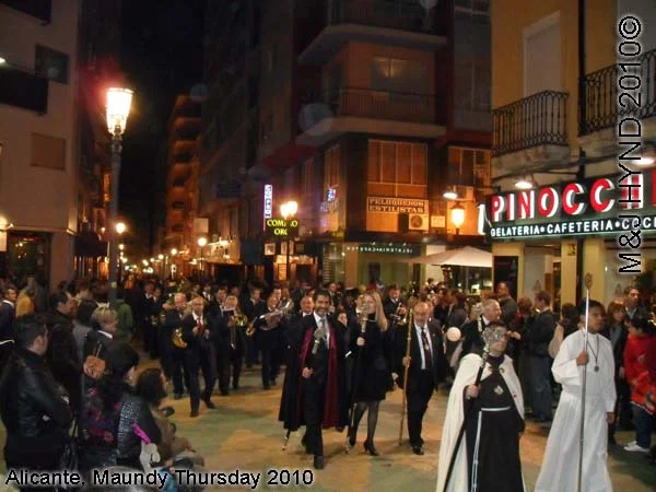spain Alicante, Semana Santa Holy Week, Maundy Thursday city procession, notable town people, marching bands, flag-bearers
