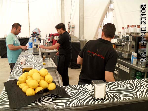 bar: spain perleta maitino St Vicente de Ferrer Fiesta, lage plate of lemons, huge beer bar, coffee machine, beer taps