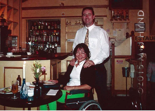 1995 London , after 8 weeks in the hospital, allowed out for my first restaurant dinner... the wheelchair stayed with me for 6 years