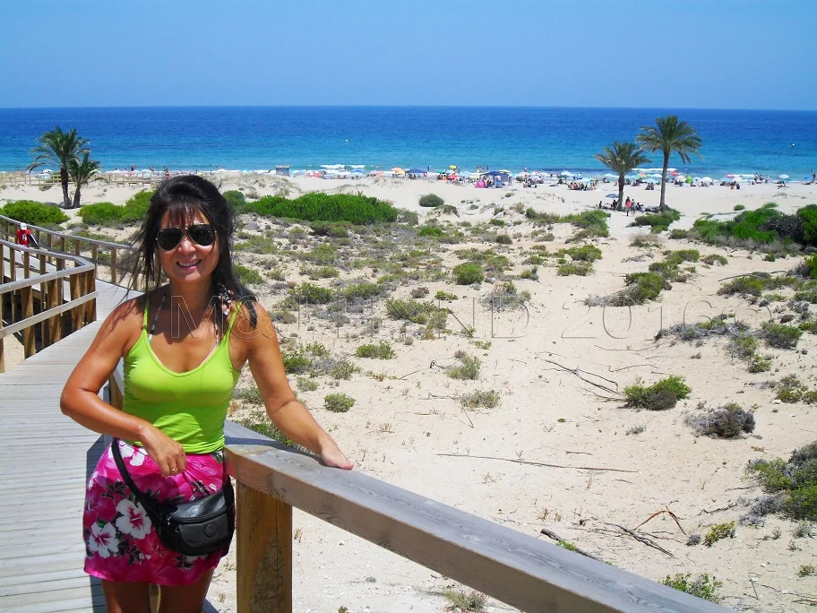 Spain Carabassi dunes golden sand beach Mediterranean sea; elevated walkway to protect the flora and fauna, sun umbrellas, palm trees