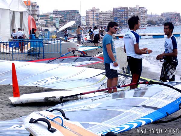 Spain Santa Pola, world championship round 2009: surf-sailing, town in background