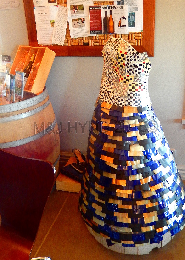 ball gown made of wine bottle foil labels, Wooing Tree Winery, NZ