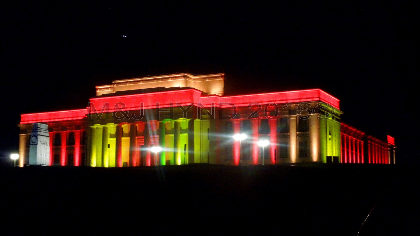 Auckland War Museum at night, in the Domain, Auckland, NZ