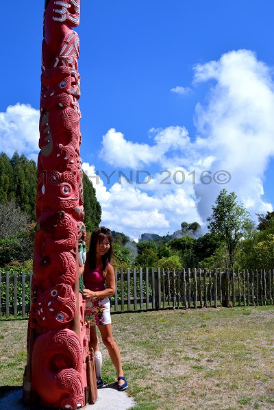 Maori totem pole, Wairekei Terraces, Geothermal Valley, Taupo, NZ