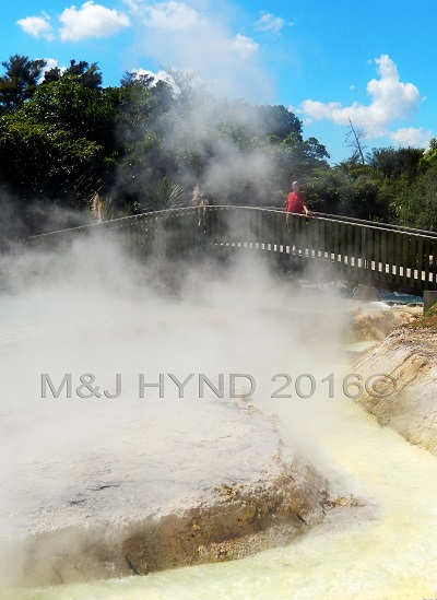 bridge over steaming waters, Wairekei Terraces, Geothermal Valley, Taupo, NZ