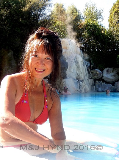 hot pool and waterfall, Wairekei Terraces, Geothermal Valley, Taupo, NZ