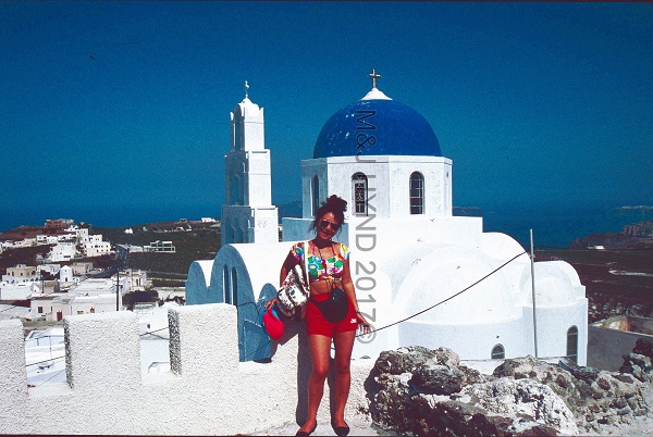 blue-dome Church of Agios Nikolaos, Pyrgos, Santorini, Greece
