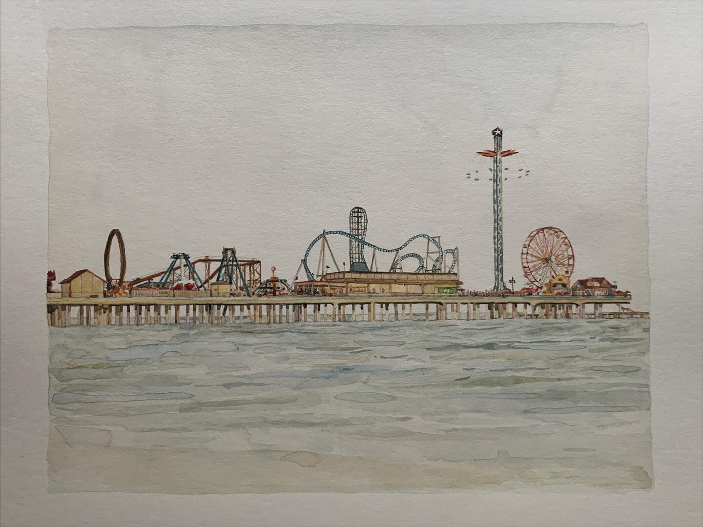 The pier at Galveston, for the excellent @advance_base who is touring the Southern states soon and who writes beautiful songs. 

#art #smallart #artonpaper #smallpainting #contemporaryart #contemporarypainting #contemporarywatercolor #artist #artwork