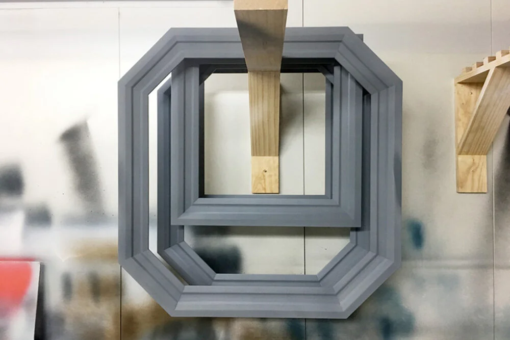 Geometric Dutch style timber profile with base coats about to embark on it’s final layer of black lacquer.