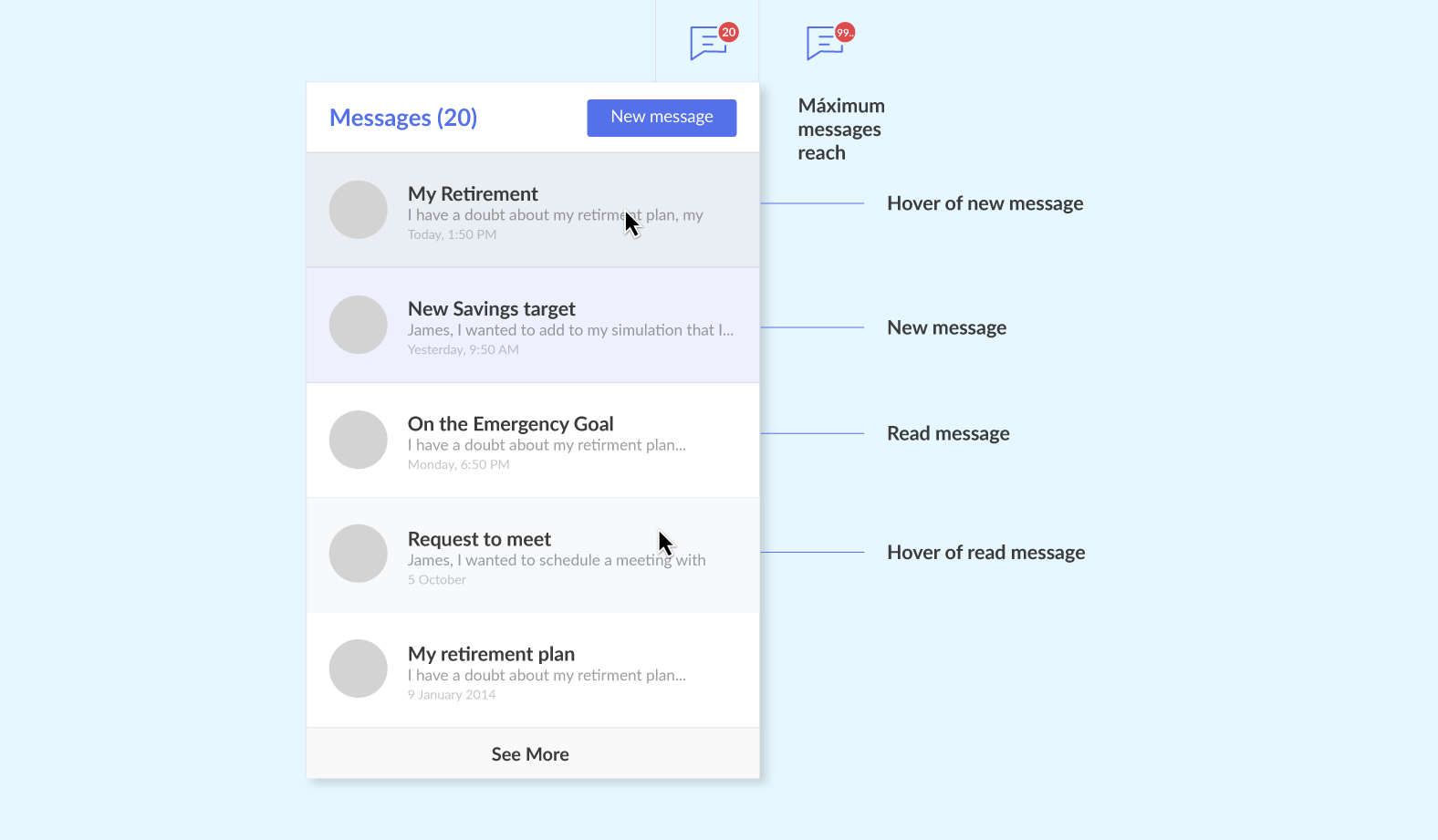 An example of high-fidelity wireframe for the messaging panel.