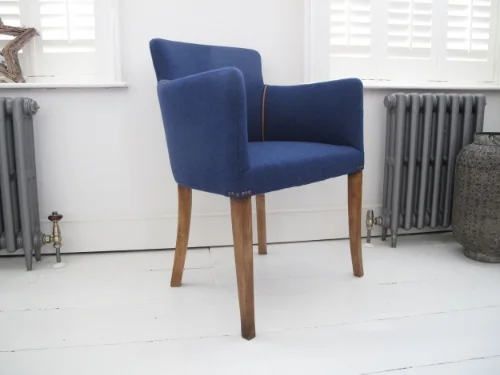 Gentlemans desk chair in denim blue wool fabric.