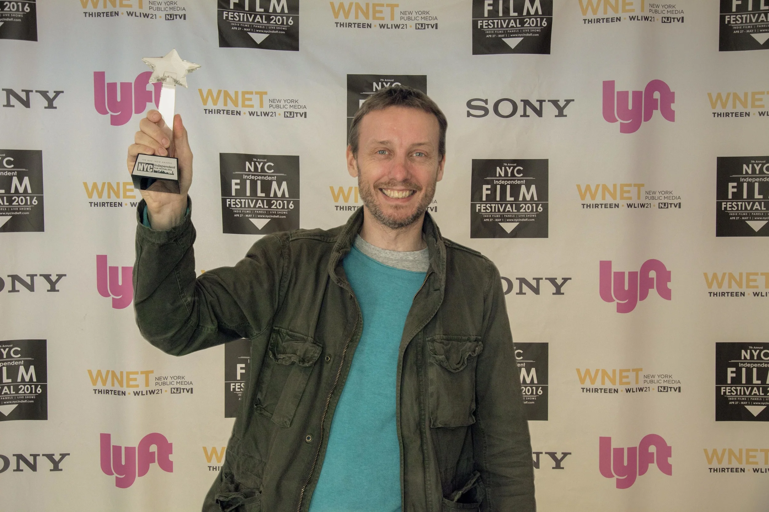 MILE END director Graham Higgins at the NYC Independent Film Festival 2016, with the prize for Best Narrative Feature.