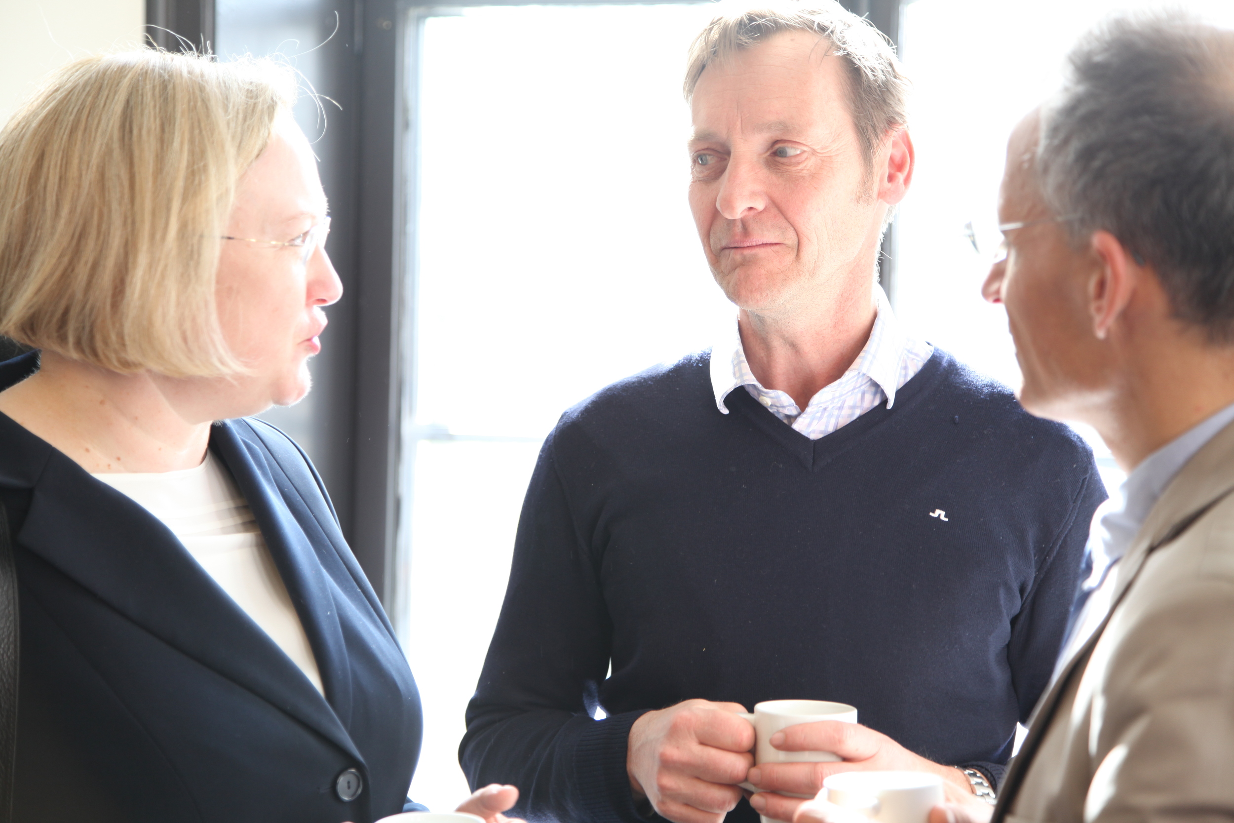 Helen Campbell, EUs ambassadør til Norge, i samtale om de kommende klimaforhandlingene i Paris med seniorrådgiver Per Anker Nilssen ved NHO og ambassaderåd Jean-Marc Pommeray ved den franske ambassaden i Oslo. Foto: Monica Bjermeland/CICEP. 