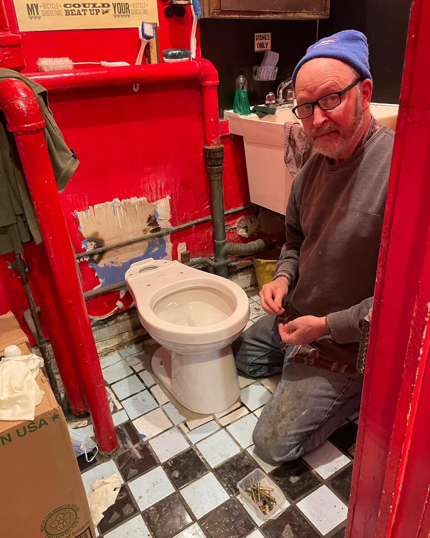 New Year.
New Toilet.

This is our friend Mike the Carpenter. He makes beautiful &amp; functional things out of wood, like cabinets, cutting boards and benches. He&rsquo;s a certified Tree Keeper. He installs toilets. And he has lots of stories.