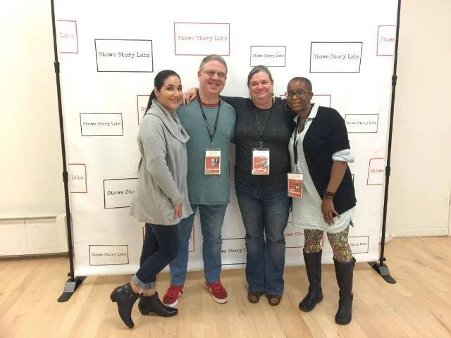 2017 Lab Participants April Sanchez, Josh Rebell, Vicki Speegle, and Tisha Robinson-Daly bond by banner.