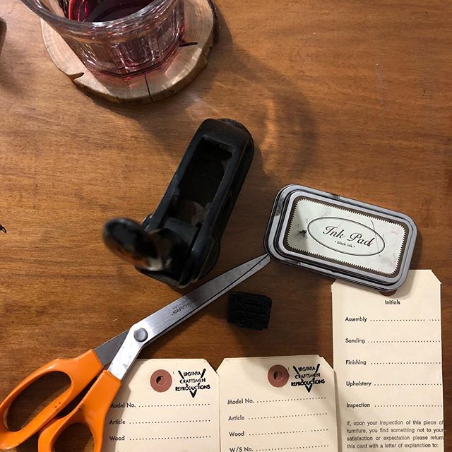 Why throw away these old shop tags when I can cut off the old mailing address, stamp it and imprint our seal.  I think they will work great on some of our available pieces at the #hardestyhigginshouse #rememberthecrafthouse? #bringingbackvirginiacraf