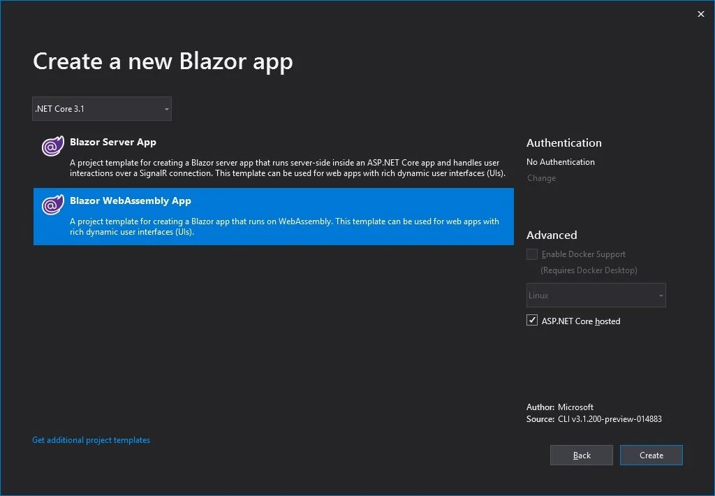 Select Blazor WebAssembly App and check off “ASP.NET Core hosted”