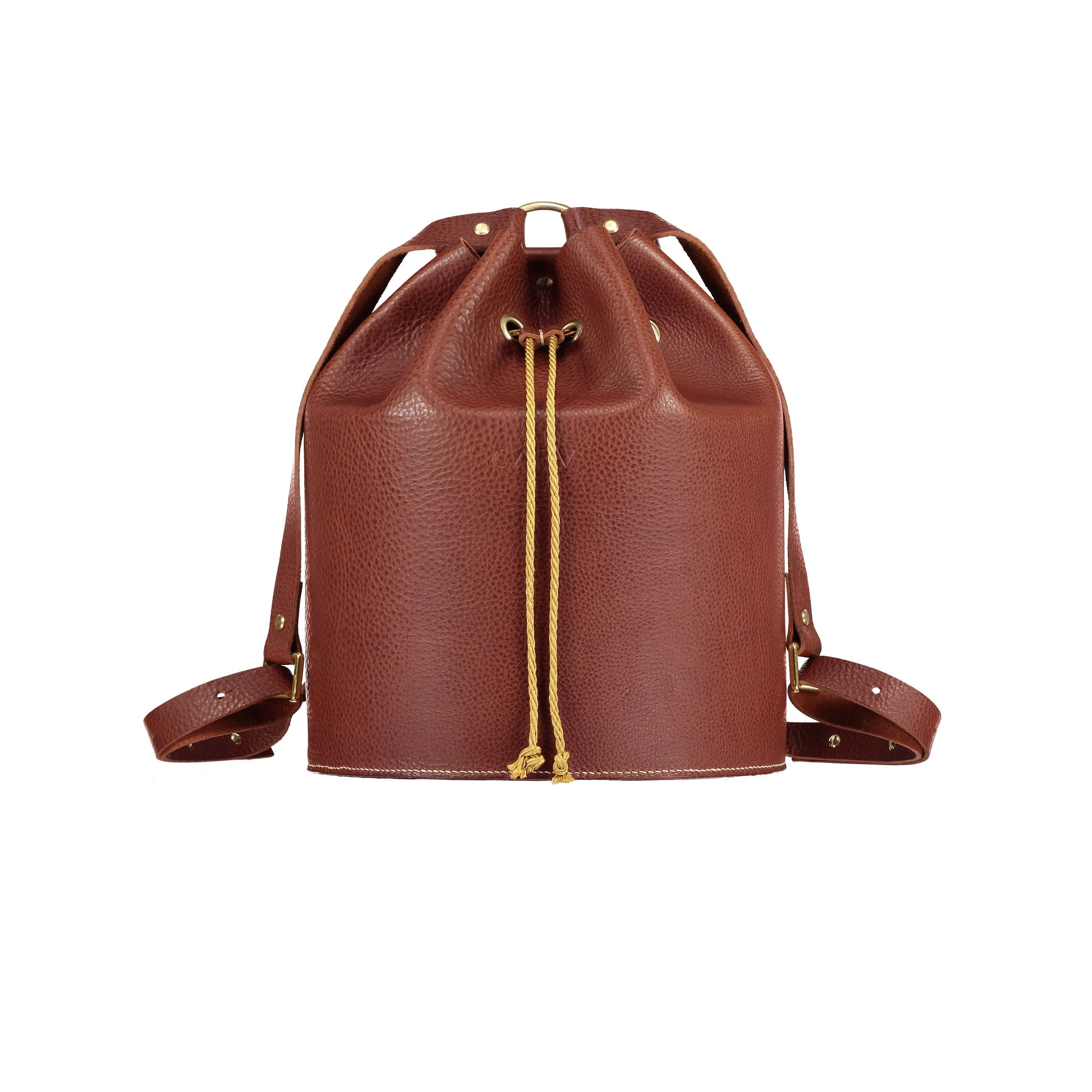 Brown leather bucket backpack by CARV made in London