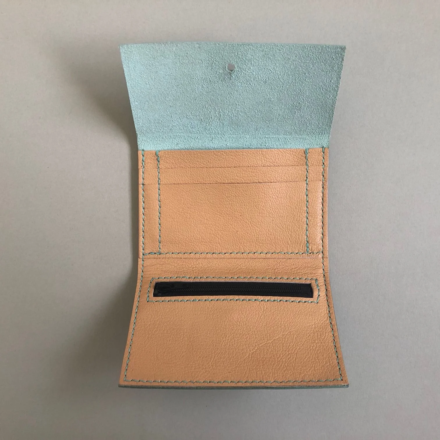 Inside the Mint turquoise womens leather purse by CARV made in London