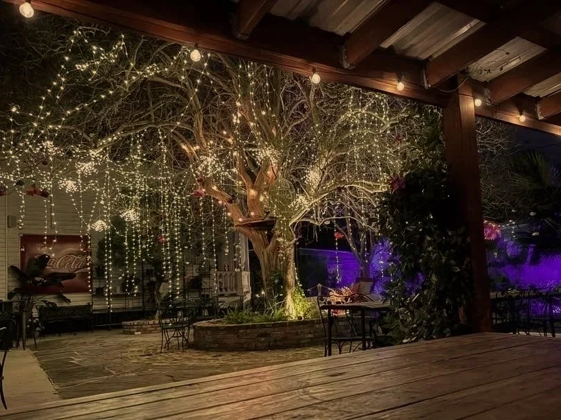 Sparkling fairy lights from a tree in a lush courtyard at night.
