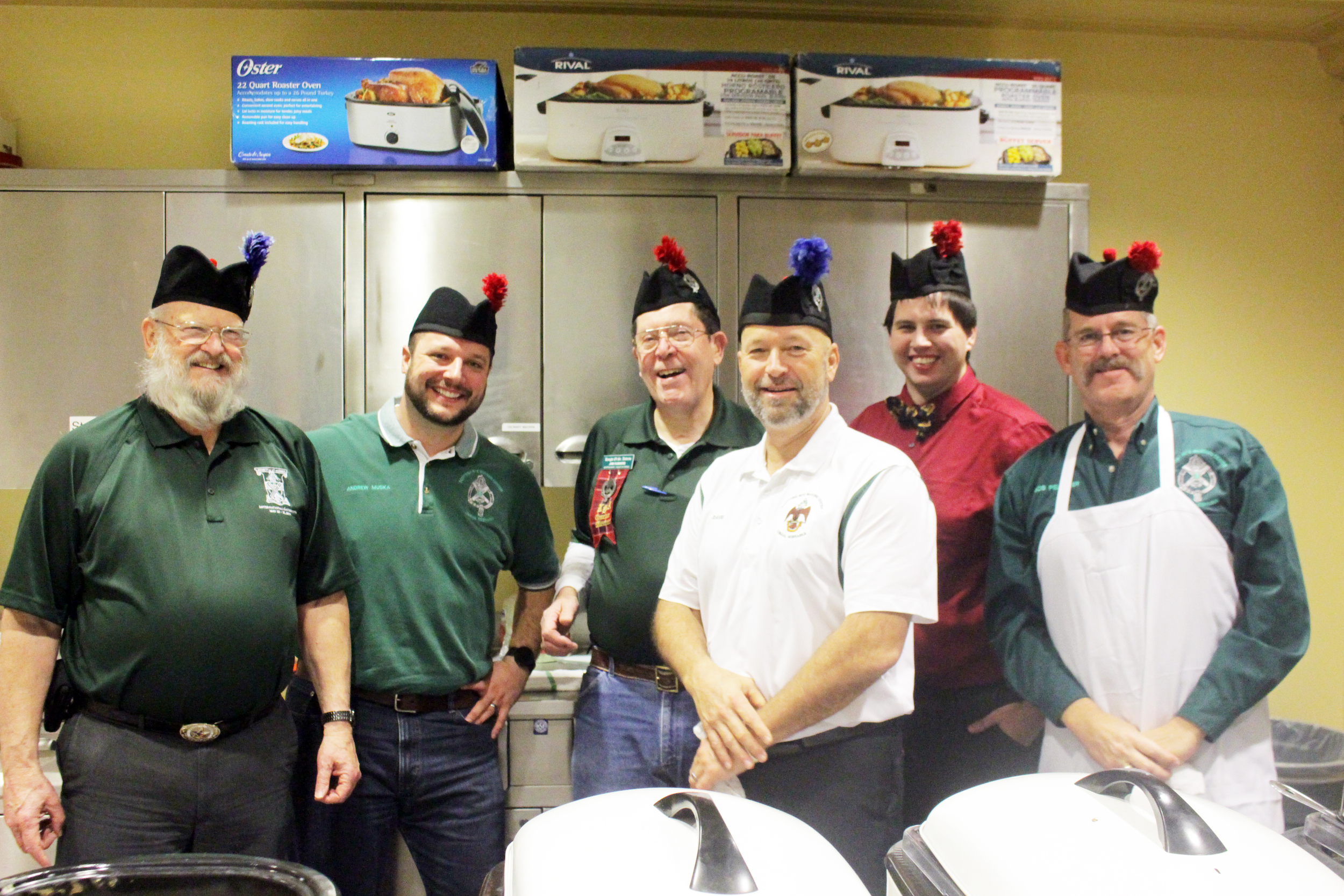Omaha Knights of St. Andrew serving breakfast at the November, 2015 Reunion: Brothers Carl Highman, 32°, Andrew Muska, 32°, Jim Flowers, 32°, David Meinzer, 32°, Kyle Beckner, 32°, and Robert Pelletier, 32°