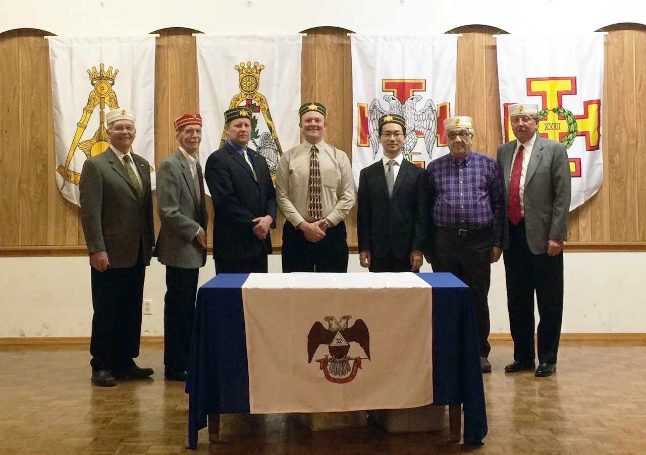 Spring 2016 Reunion: Ken Beebe, 33°, Personal Representative Emeritus; Don Gray, 32° KCCH, Venerable Master of the Lodge of Perfection; Corey Blakemore, 32°; Alex Olson, 32°; 2016 Candidate,&nbsp; Xiadong Yang, 32°; 2016 Candidate; Bruce Wood, 33°; …
