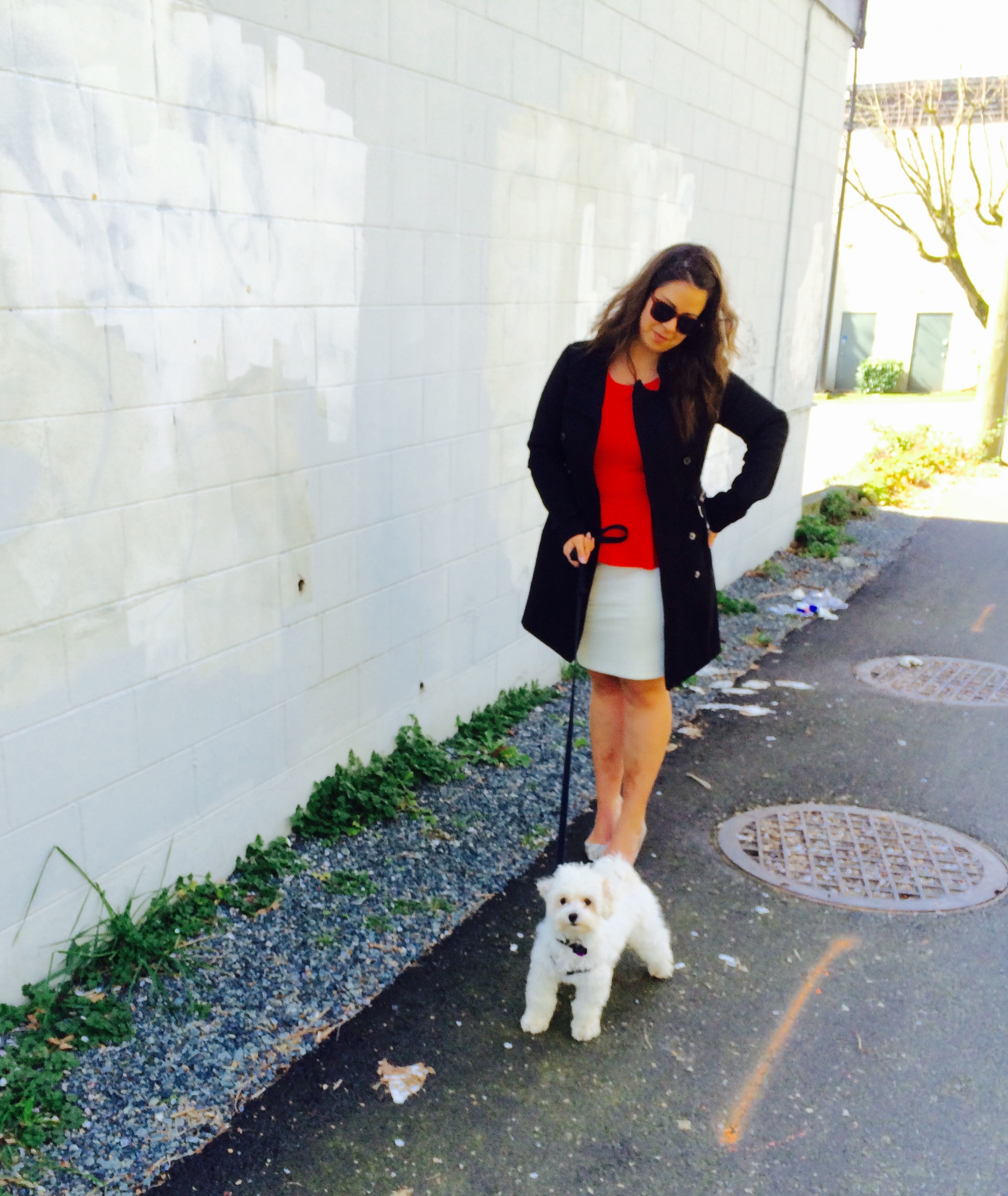 Jacket: Vera Moda. Skirt and Top: Calvin Klein. Shoes: Aldo. Dog: Milo!