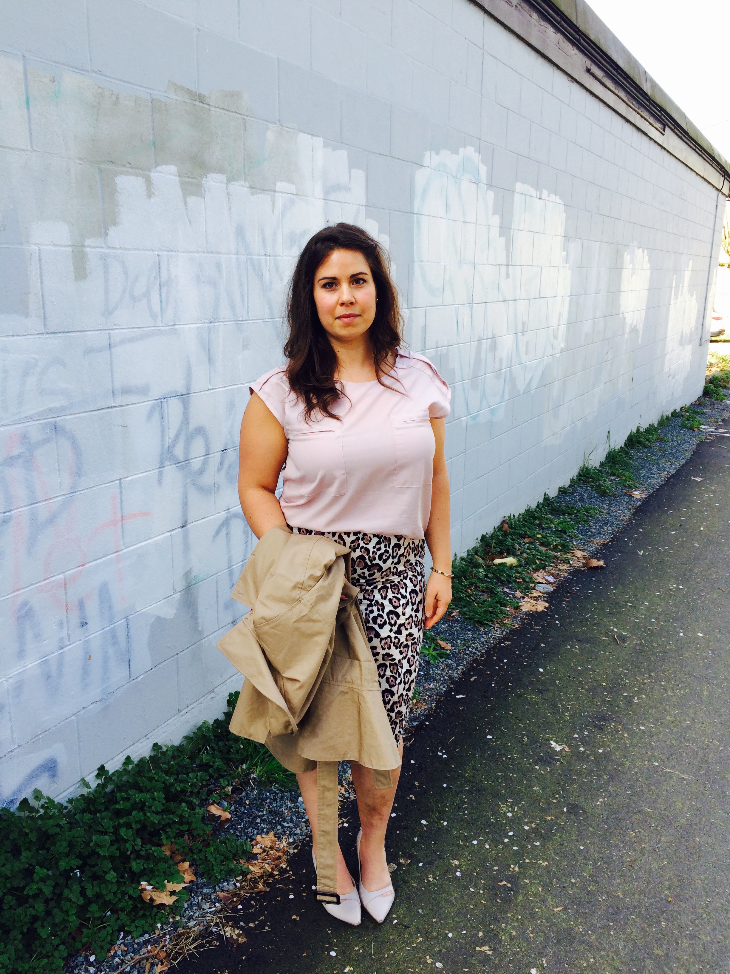 Trenchcoat: Banana Republic. Top: Joe Fresh. Skirt: Pink Tartan. Shoes: Nine West.