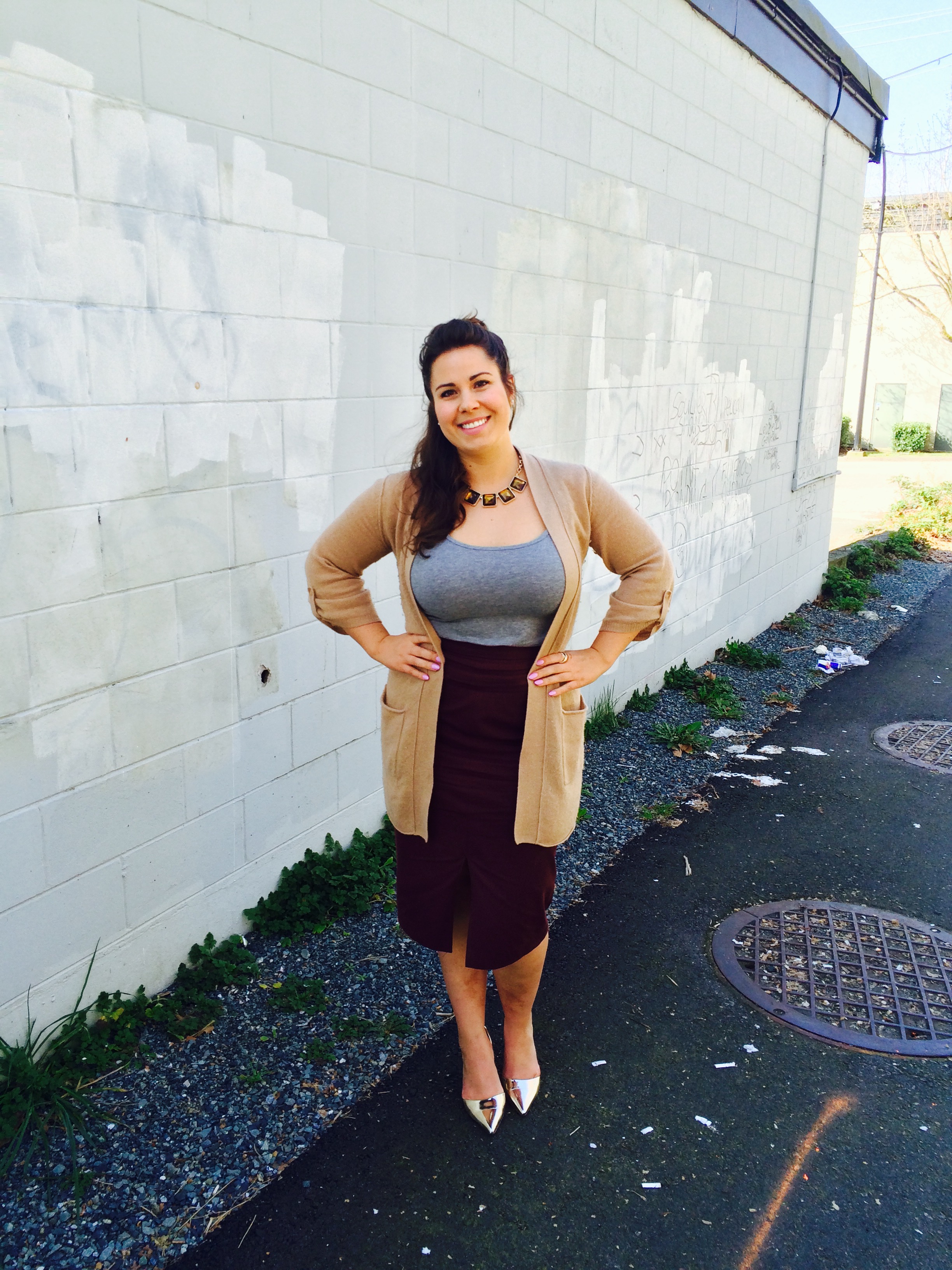 Skirt: Banana Republic. Sweater: Winners. Necklace: Banana Republic. Shoes: J. Crew.