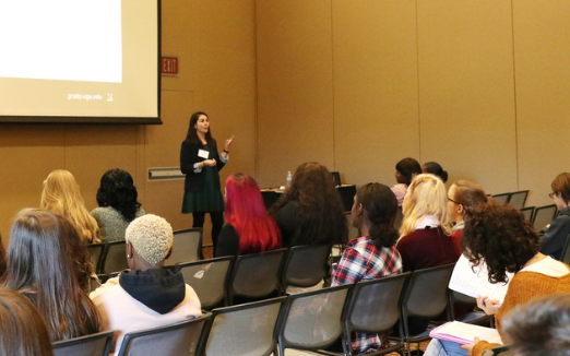 Samantha Meyer, UGA Grady College Director of Experiential Learning, presents “Set yourself up for success: Turn high school hobbies into college majors” during the GSPA Fall Conference Oct. 22, 2018, at the UGA Tate Student Center.