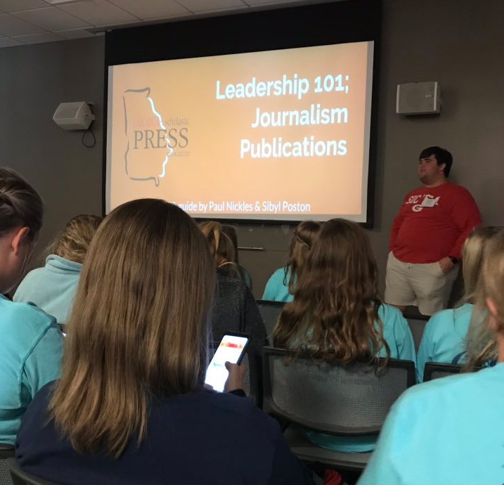 Paul Nickles, GSPA Student Advisory Board member, and Sibyl Poston, co-editors of Thompson High School’s Archive yearbook, share tips and tricks for growing staffs during the GSPA Fall Conference Oct. 22, 2018, at the UGA Tate Student Center.