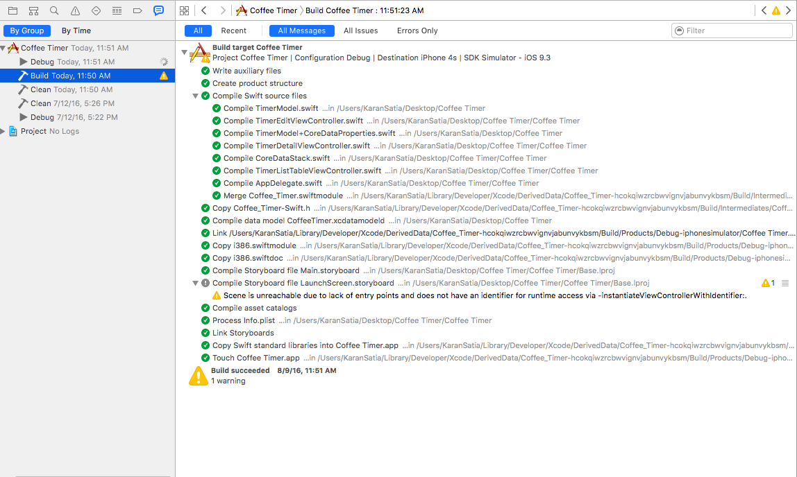 Results of displaying a build log in Xcode