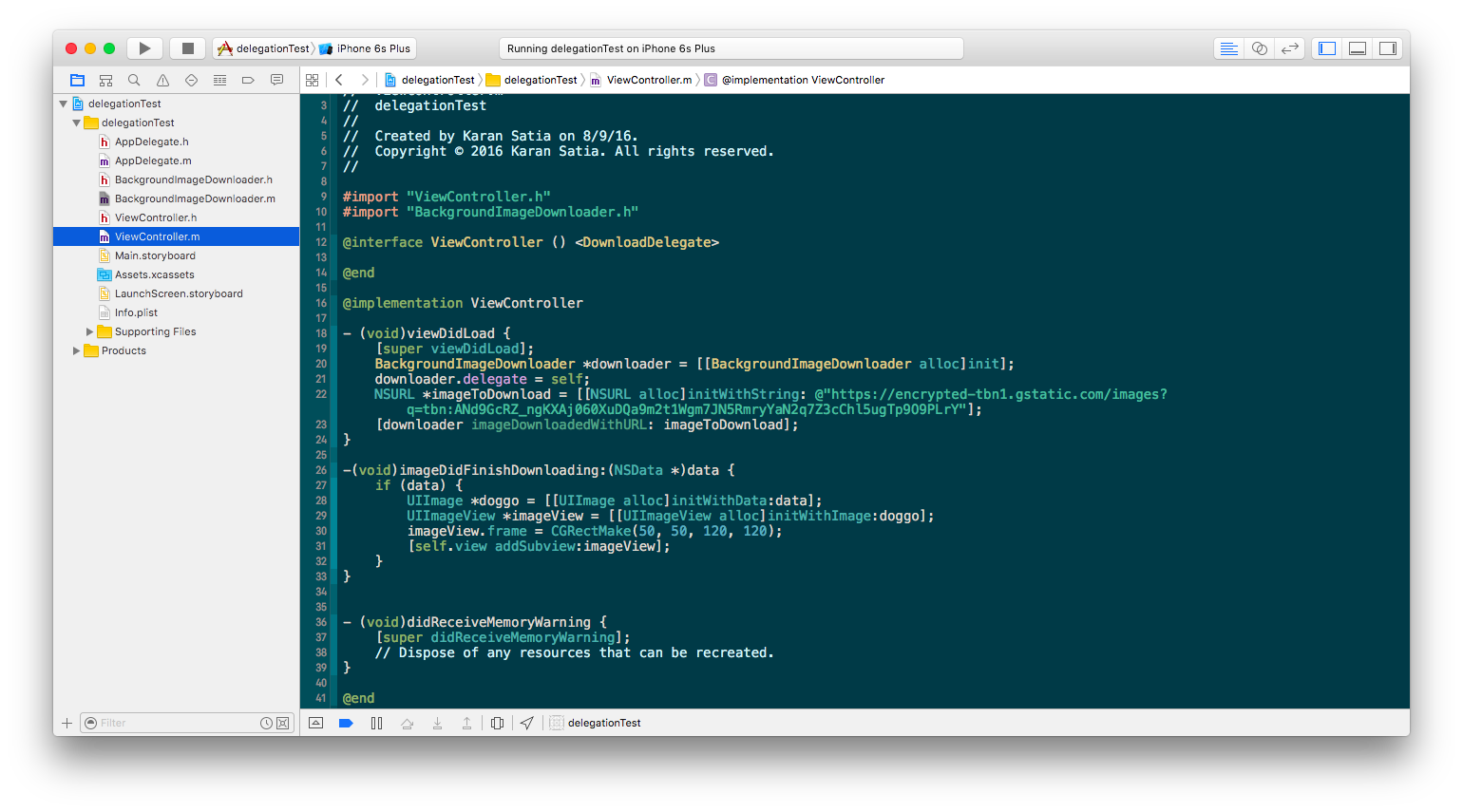 This is the delegate class code. It implements the protocol method (which is called by Class B when it has finished downloading data). The protocol method is what gets passed the data as a parameter, which can then be used by the delegate (in this case, our ViewController class).
