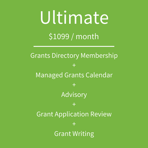 Grants Directory Membership (Professional) Access to over 1,000 open grants. Grant Alerts in your inbox. 3 Usernames. Managed Grants Calendar Produced and managed by your allocated Grants Consultant. Targeted to your organisation’s funding needs and reviewed and updated as funding programs open and close. See the features . Advisory Service Supports your grant seeking program. Ask your Consultant questions and seek advice any time through our Calendar Notes feature. Monthly phone call. Grant Application Review Maximise your chance of grants success while building your organisational capacity and keeping your costs low. Make full use of our grants experience to get one grant application draft reviewed by your Consultant each month. Grant Application Writing Leave the hard work to us. Get one grant application, up to $40,000, written by your Consultant each month. Excludes State & Federal Government applications. You must be 'grant ready' before commencing this package.